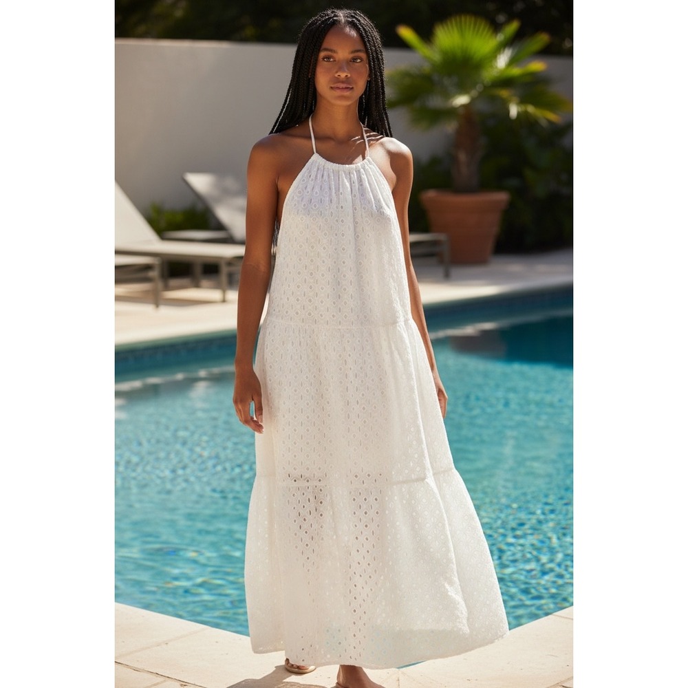 Vitamin A x Target White Cotton Eyelet Halter Maxi Dress Tiered Large NWT